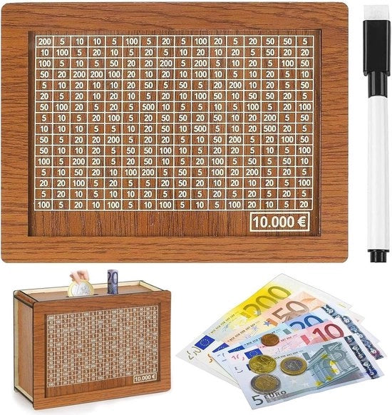 Scatola della Spesa per Adulti Tavolo di Legno Scatola della Spesa Riciclabile in Legno con Fisarmonica e Numeri per il Controllo - Aiuta Bambini e Adulti a Creare l'Abitudine di Risparmiare fino a 10.000 Euro