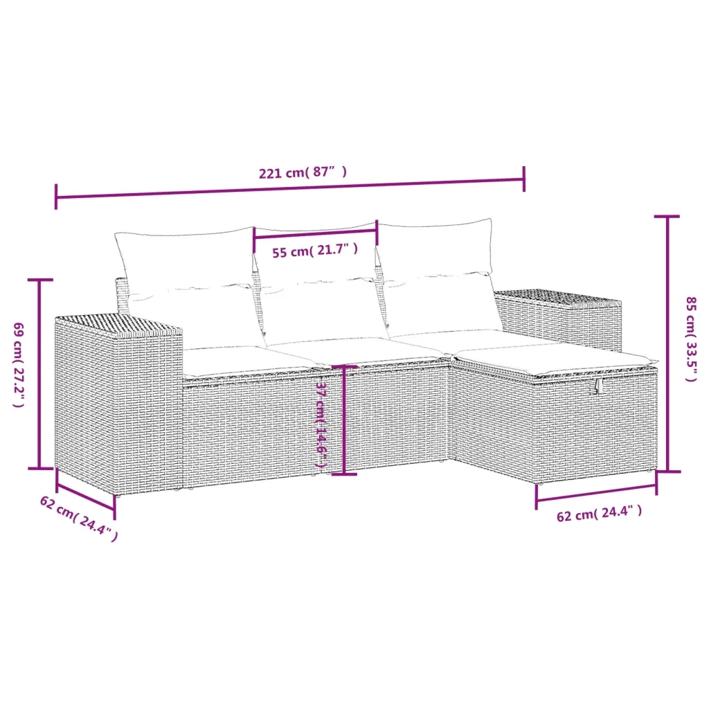 Set Divani da Giardino 4 pz con Cuscini in Polyrattan Grigio