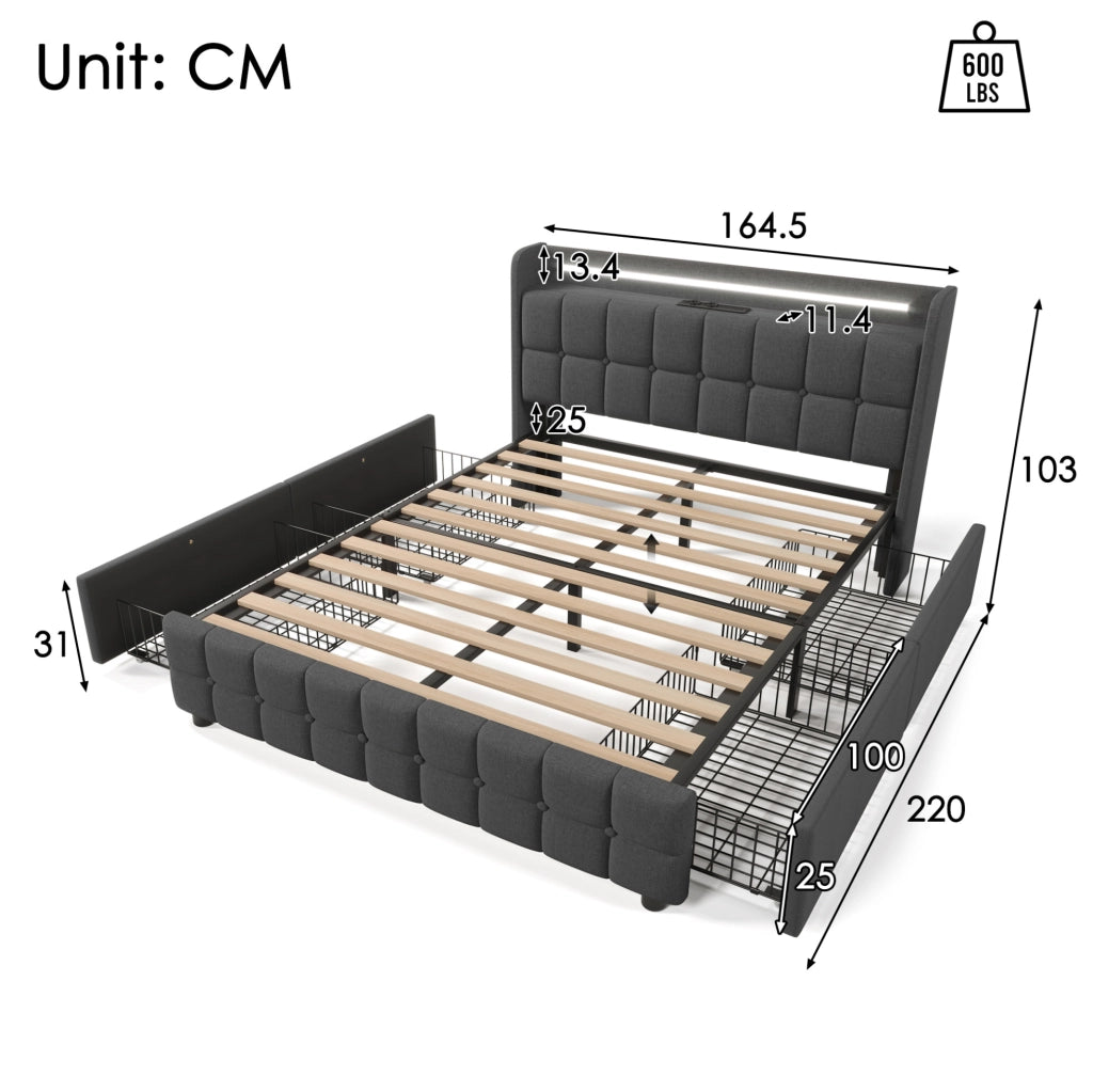 Letto matrimoniale con 4 cassetti; USB; LED e testiera 160x200 cm; grigio