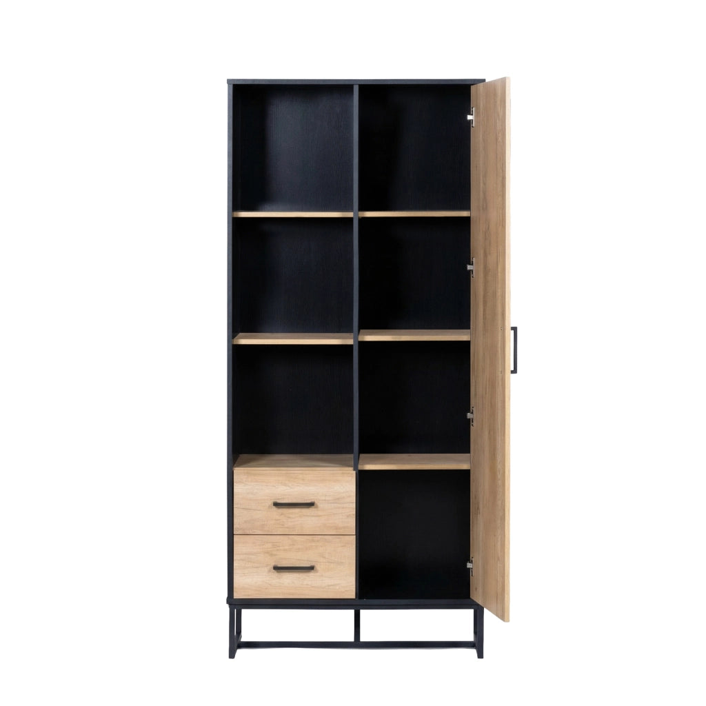 Credenza alta con 1 anta; 2 cassetti e 3 vani aperti per soggiorno; ufficio e ingresso; in MDF; nero e legno; 80 × 40 × 180 cm