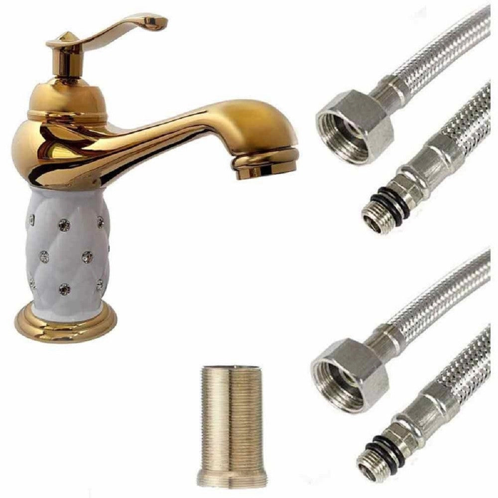 Trade Shop - Rubinetto Per Lavabo Con Brillantini Miscelatore Bagno Monoforo Oro Basso 52149 -