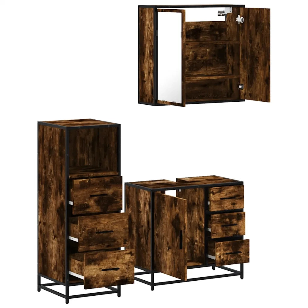Set Mobili da Bagno 3 pz Rovere Fumo in Legno Multistrato 3301017