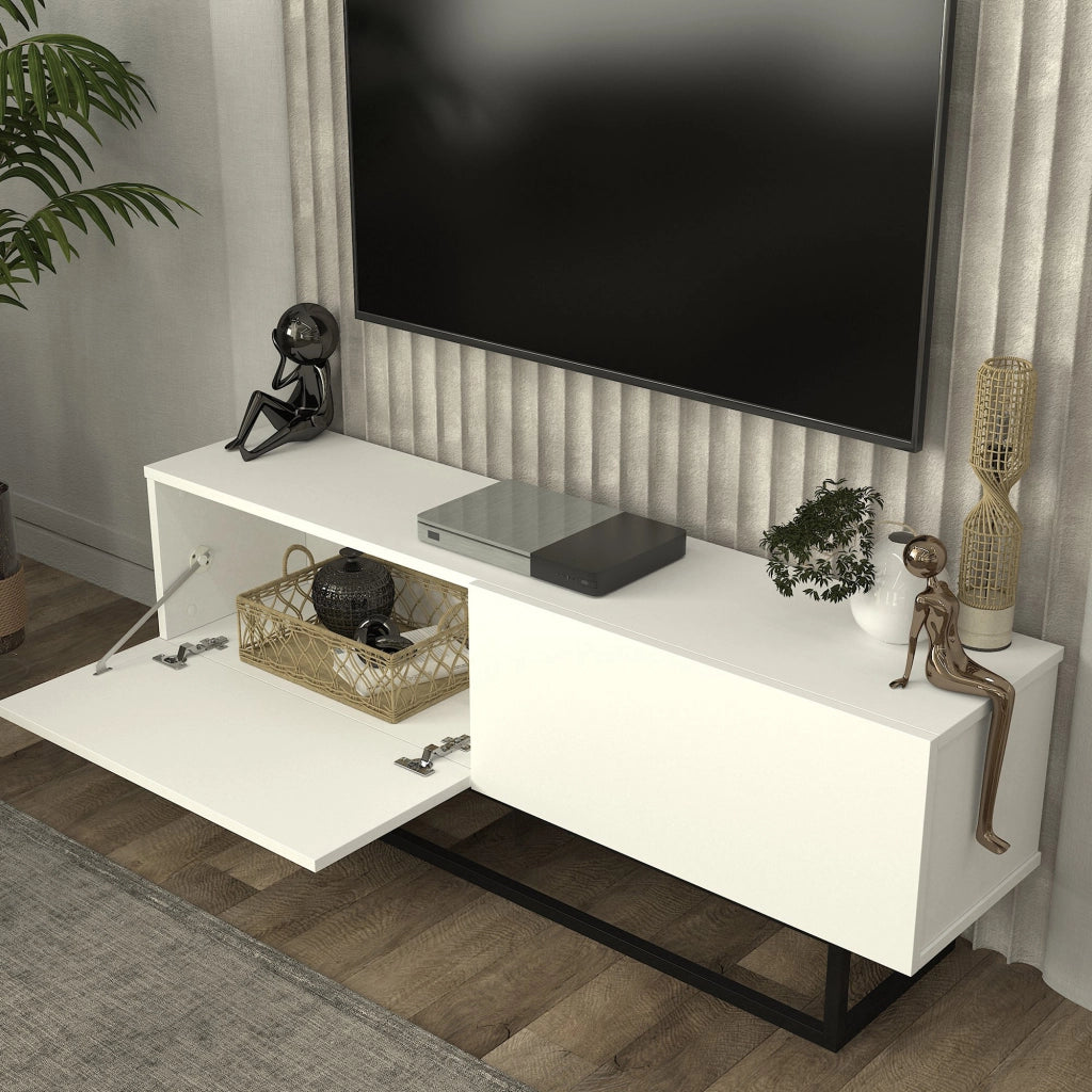 Mobile Porta TV Nolven a 2 Ante Ribalta e Telaio in Metallo 135x32x47 cm - Bianco [en.casa]
