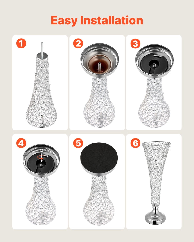 Vasi Decorativi Centrotavola in Metallo e Cristallo, Altezza 51 cm, Set da 4 Pezzi Portafiori Argento per Feste e Banchetti