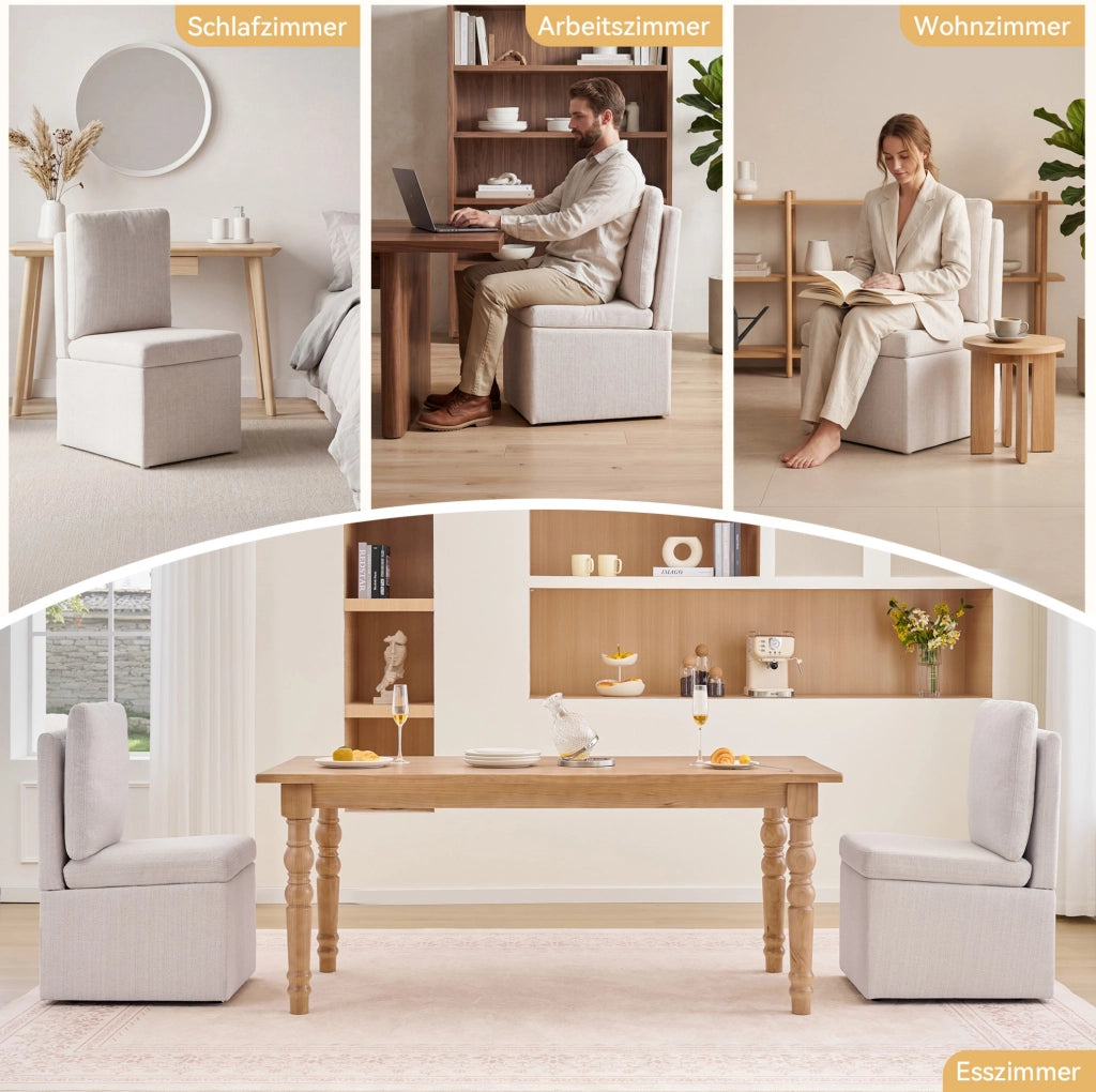 Sedia imbottita girevole con vano contenitore e ruote, grigio beige
