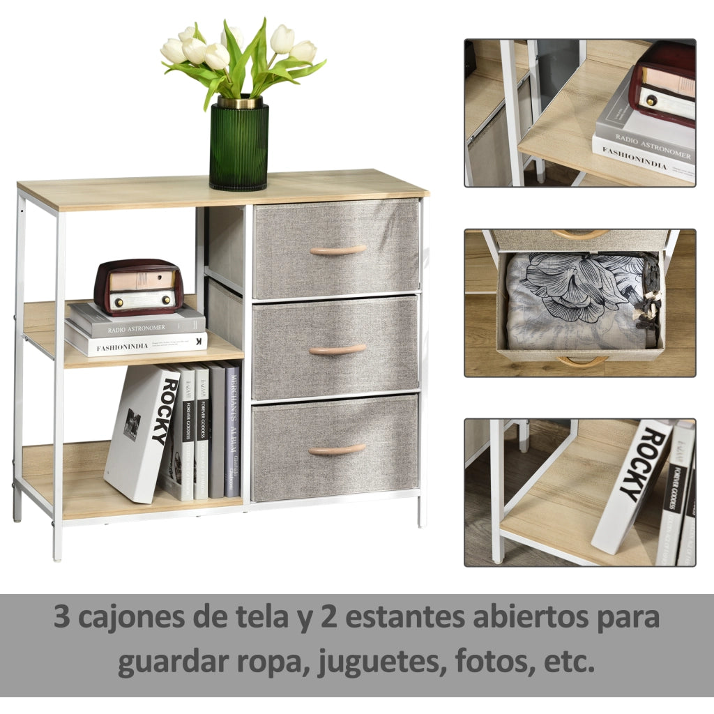 Cassettiera Tessuto con 3 Cassetti e 2 Ripiani Aperti ¨C Zephmum ¨C 80x29x71 cm Naturale Grigio