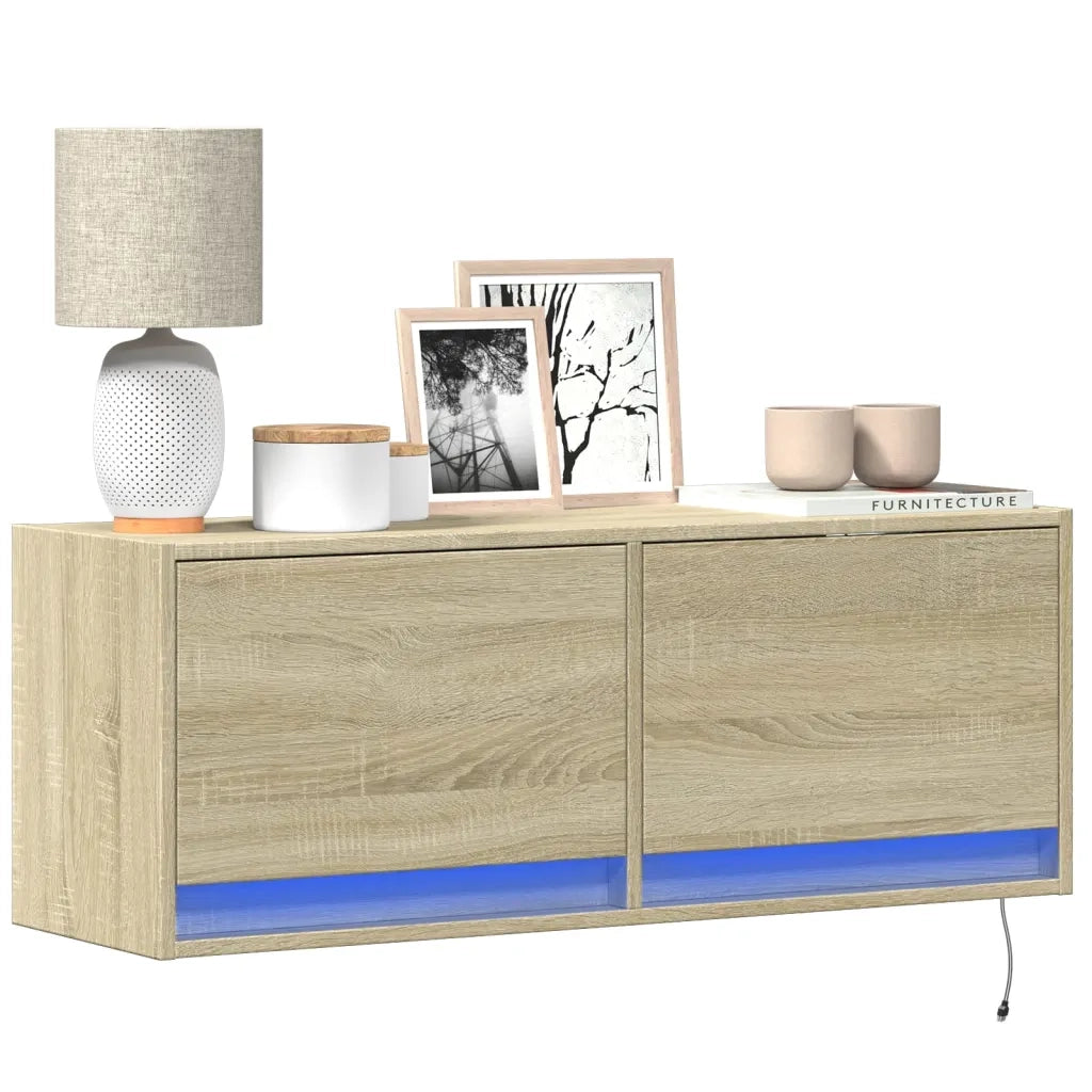 Mobile TV a Parete con Luci LED Rovere Sonoma 100x31x35 cm 852364