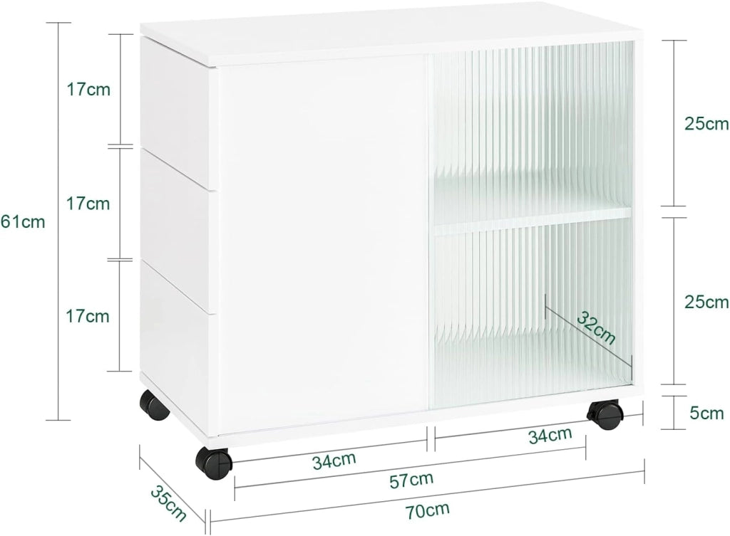 Mobiletto con Rotelle, Comodino con 3 Cassetti e 2 Ante a Vetro, Tavolino Moderno Multifunzione per Soggiorno, Camera da Letto, Bianco 70x35x61 cm FBT141-W