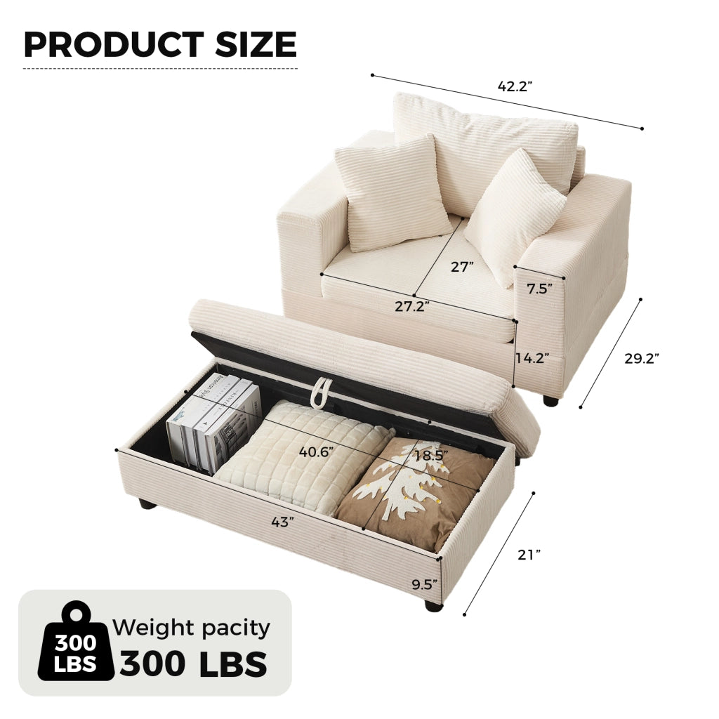 Chaise longue con contenitore e cuscini in tessuto a coste beige in metallo e legno 107 × 74 × 57 cm