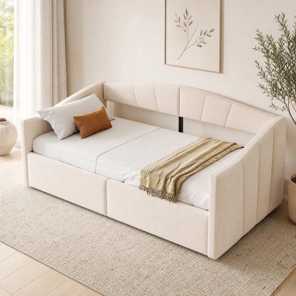 Letto imbottito multifunzionale 90x200 cm con contenitore idraulico; velluto beige