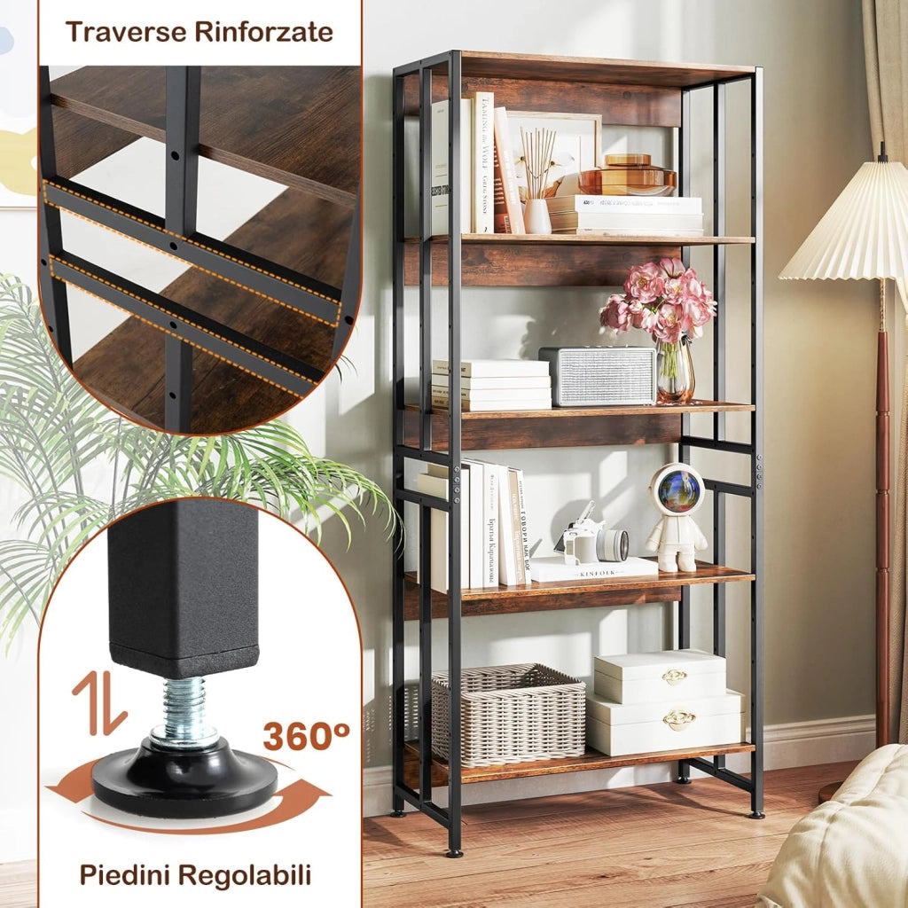 Libreria Aperta a 5 Ripiani Regolabili e Inclinabili, Scaffale Salvaspazio in Legno, Scaffale Portaoggetti Espositivo per Camera da Letto, Soggiorno e Cucina, 70 x 35 x 157 cm, Marrone Rustico