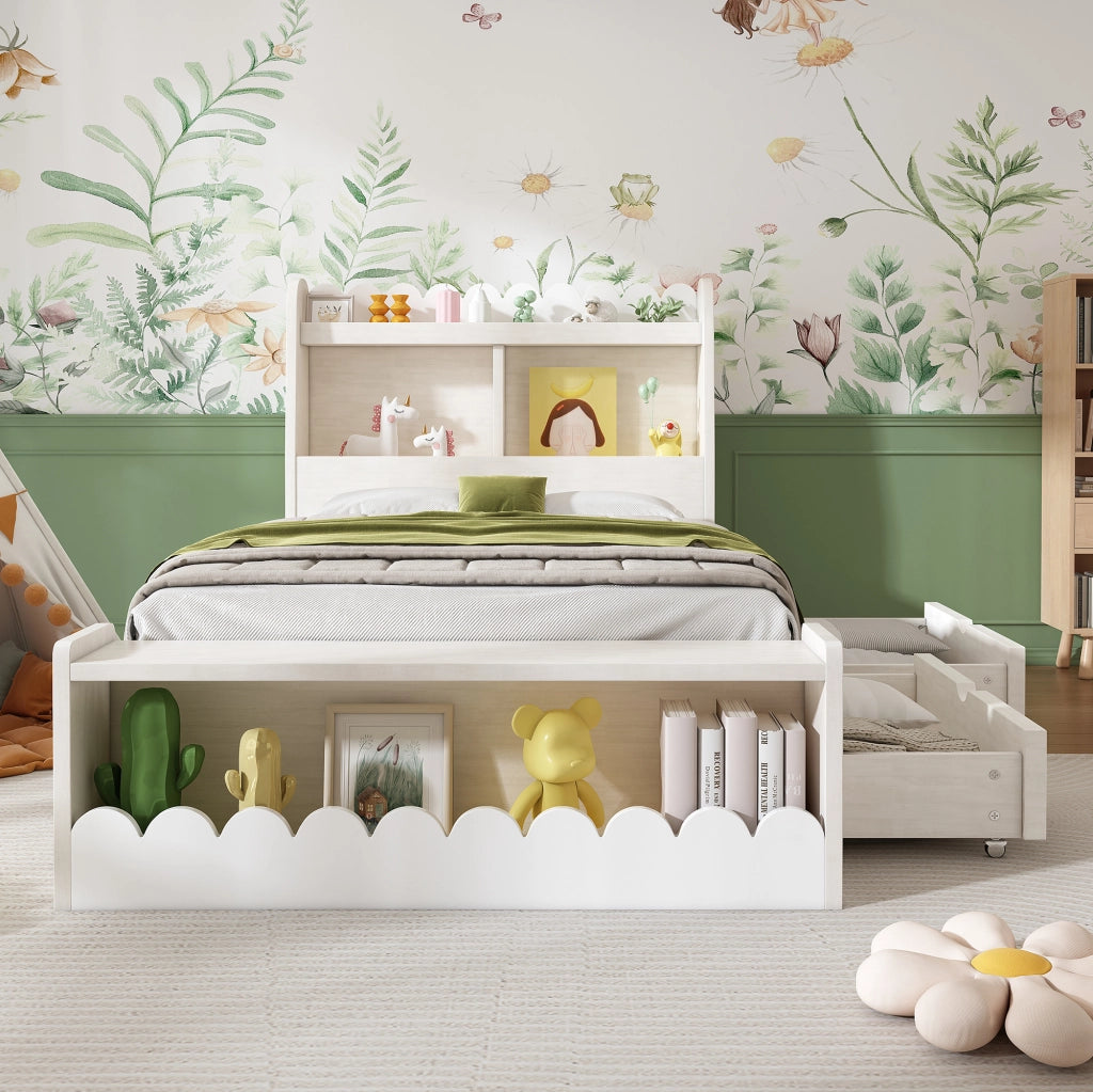 OKWISH Letto Bambino 90×190 cm, Letto Singolo con 2 Cassetti, Mensole e Panca con Contenitore, senza Materasso, in Legno, Bianco e Rovere Chiaro