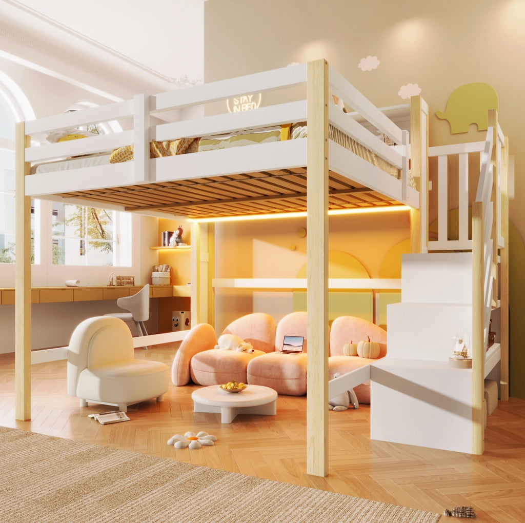 Letto a soppalco 140x200 cm con LED, scala contenitore e ampio spazio inferiore