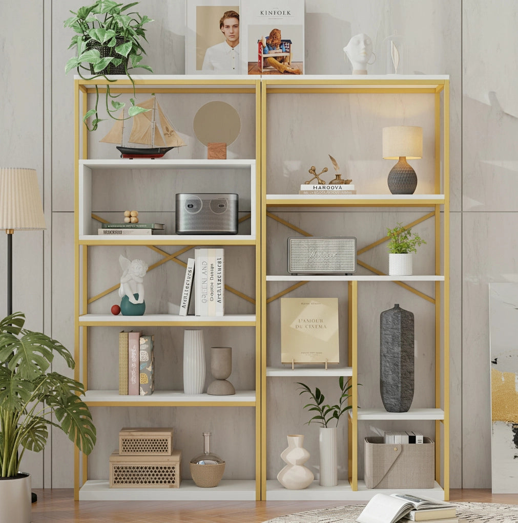 Libreria 160x29.5x180 cm a ripiani aperti con struttura rettangolare in metallo e MDF bianco e oro