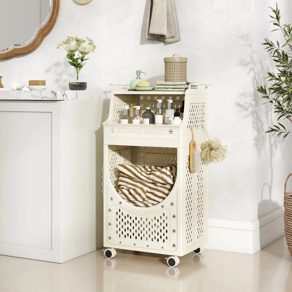 Carrello lavanderia 3 livelli contenitore pieghevole ruote bloccabili-Scaffale-Carrello lavanderia cesta 6 ganci appendiabiti Beige