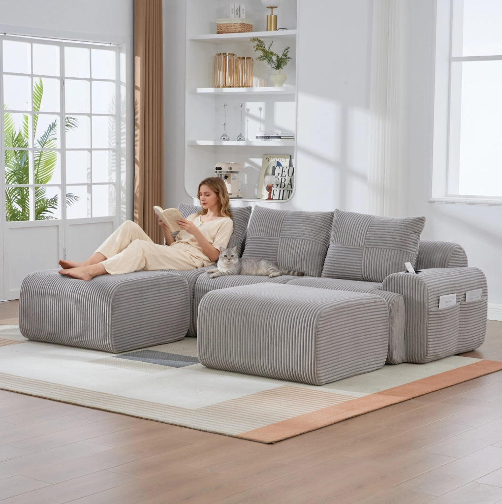 Divano modulare a 3 posti in corduroy grigio chiaro; con portabicchieri e tasca laterale; 268 cm