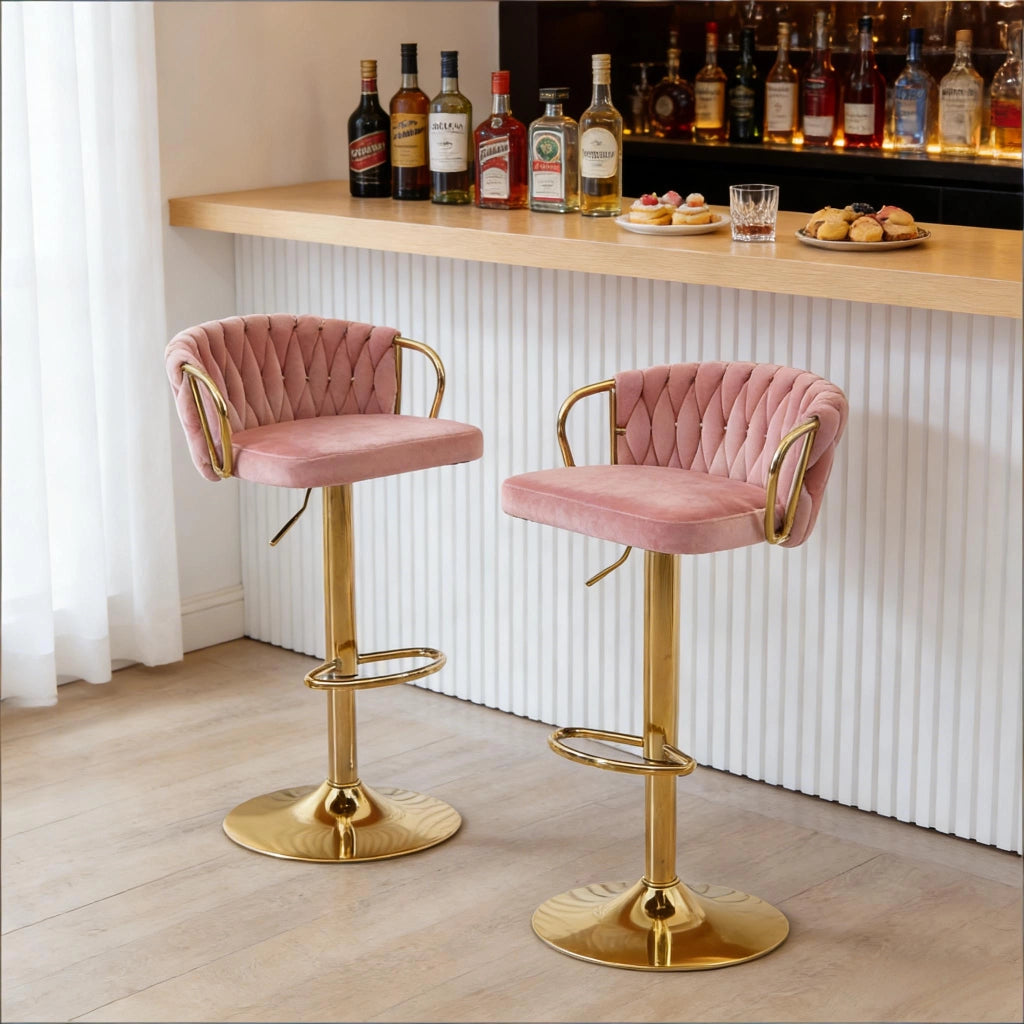 Set 2 sgabelli da bar girevoli in velluto rosa con altezza regolabile e struttura in metallo