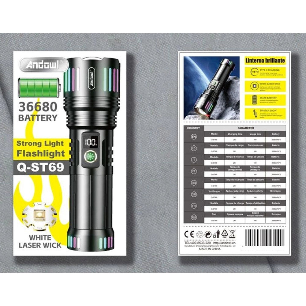 Trade Shop - Torcia Elettrica Led Ricaricabile Portatile Potente Con Stoppino Laser Bianco Q-st69 -