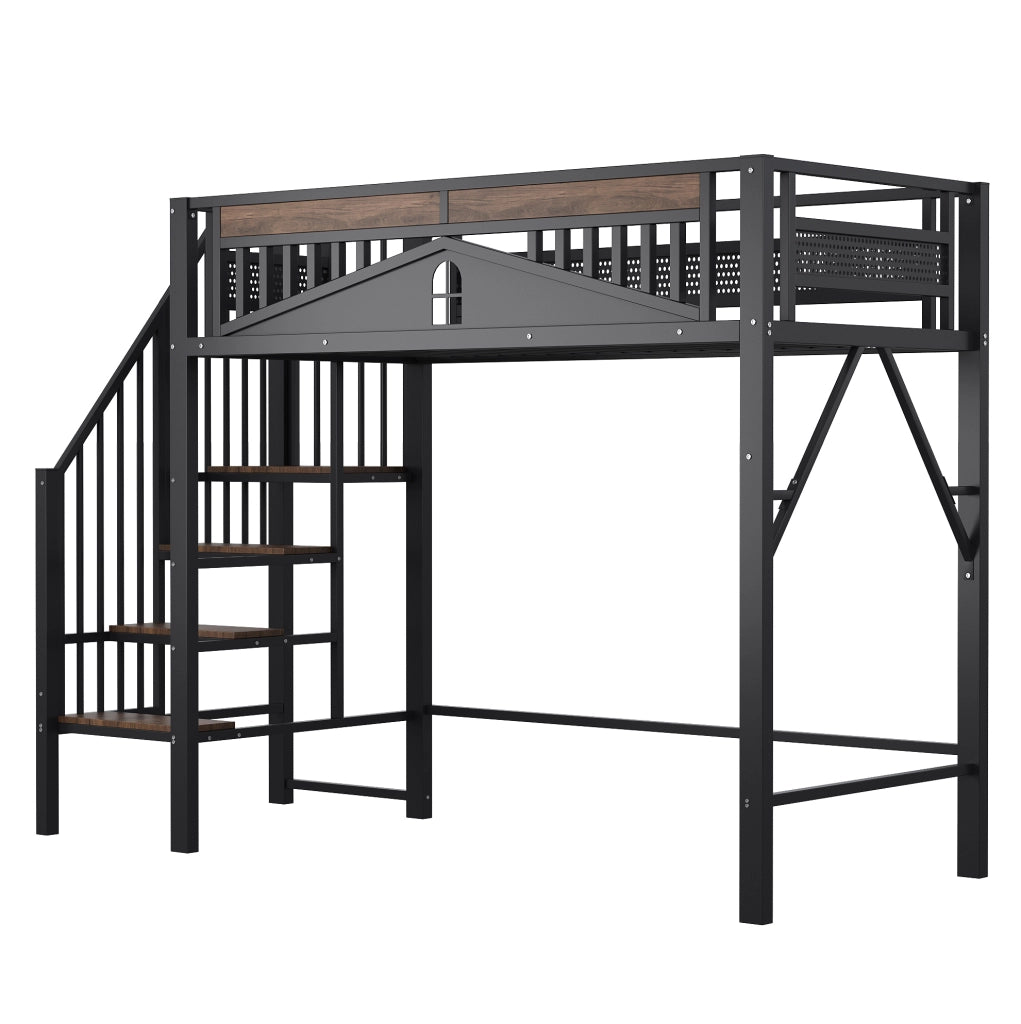 Letto a soppalco 90x200 cm in metallo con scala contenitore e barriera di sicurezza; nero