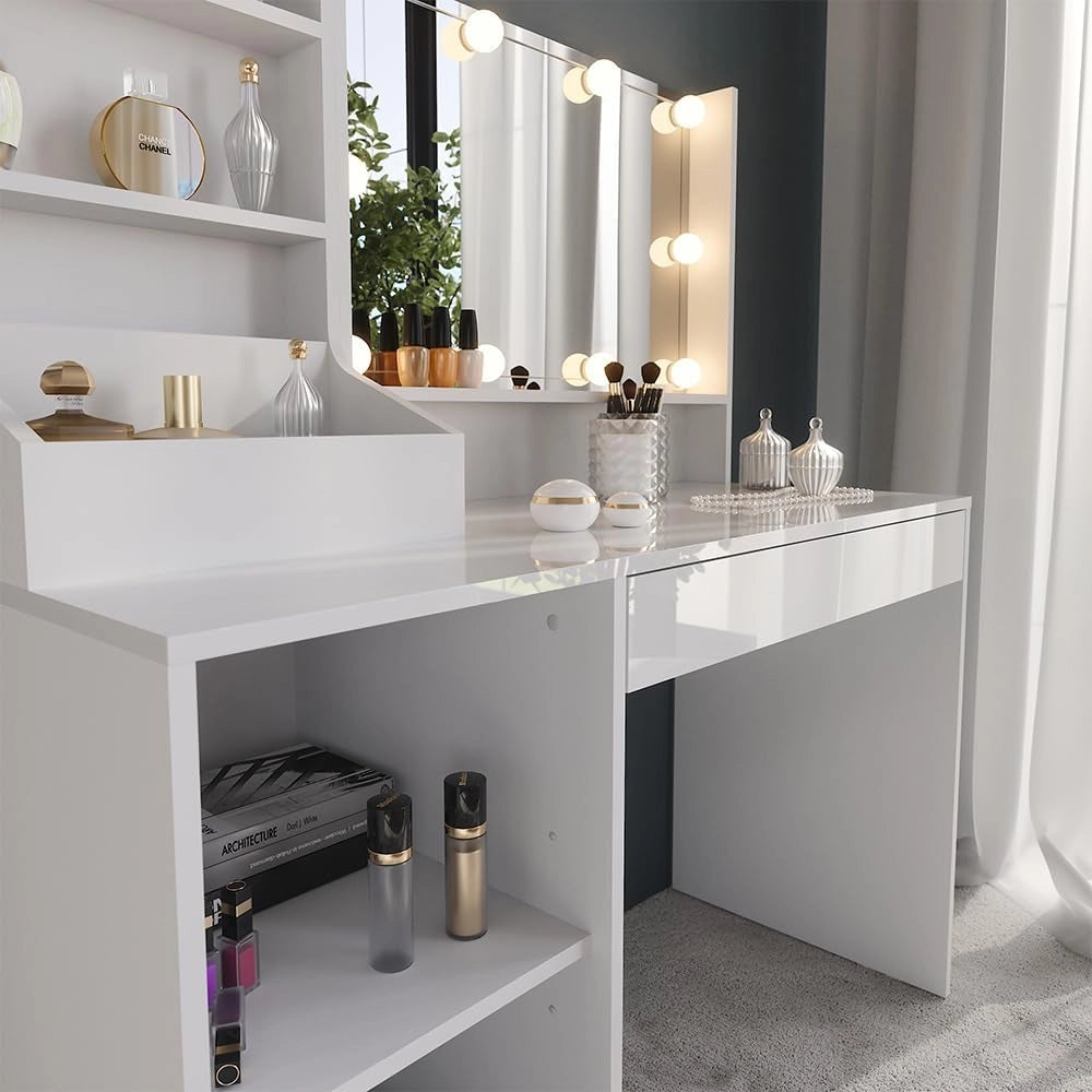 Tavolo da toeletta Sherry, Bianco/bianco lucido, 119.8 cm 4 parti