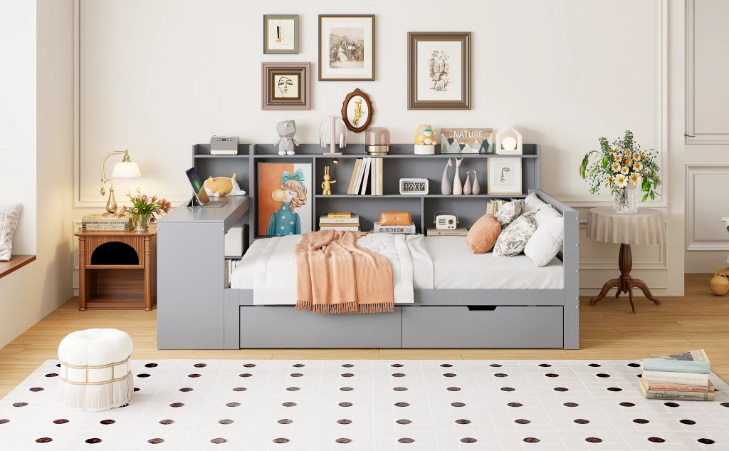 DESMIU Letto singolo 90 × 200 cm con scrivania, ripiani, libreria, cassetti e USB, senza materasso, grigio