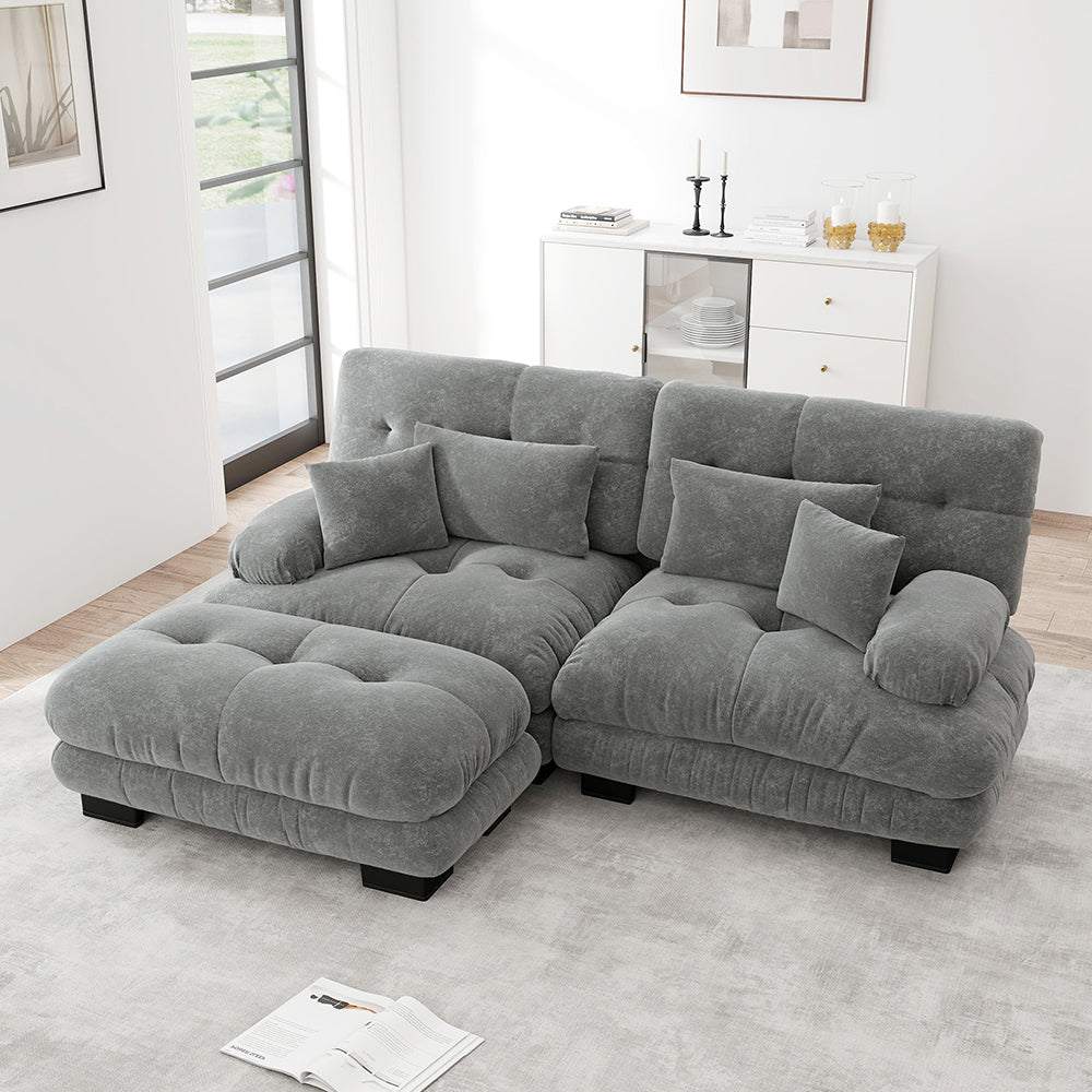 Divano angolare Cloud - Xylo - 2 posti in chenille con ampi braccioli e pouf, grigio