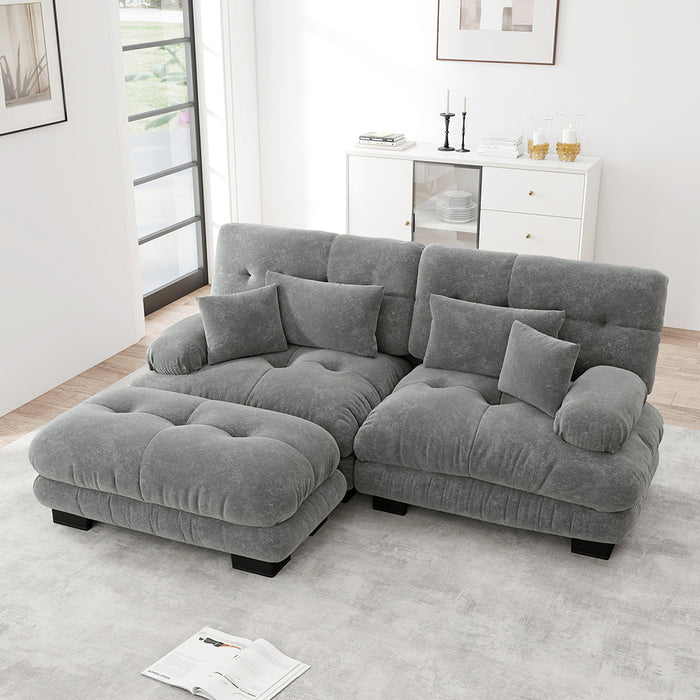 Divano angolare Cloud - Xylo - 2 posti in chenille con ampi braccioli e pouf, grigio