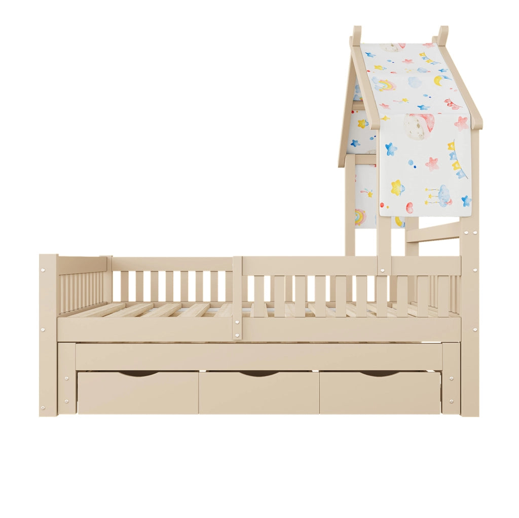 Letto a casetta 140x200 cm con letto estraibile; 3 cassetti e sponde di sicurezza; crema