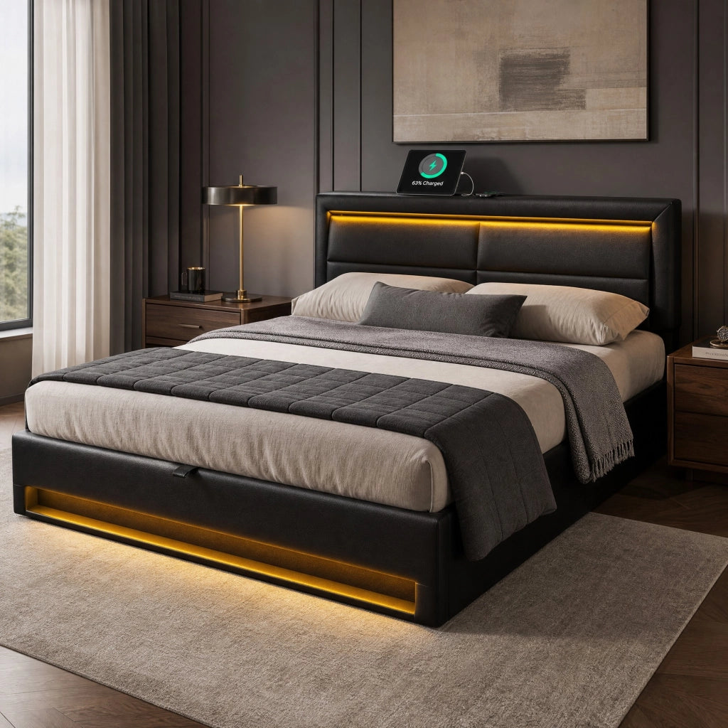 Letto imbottito 140x200 cm con USB; LED e contenitore; PU nero