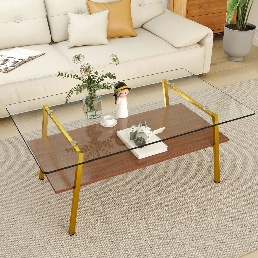 TAVOLINO da caffè rettangolare 98x58x42,5 cm in vetro temperato, MDF e oro