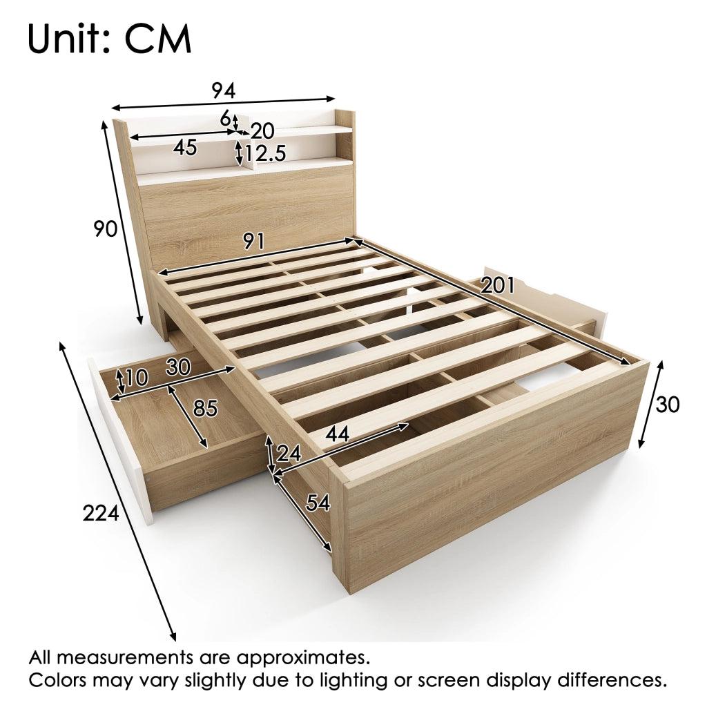 OKWISH Letto Singolo 90×200 cm con 2 Cassetti, Contenitore e Mensole, senza Materasso, in Legno, Bianco e Rovere