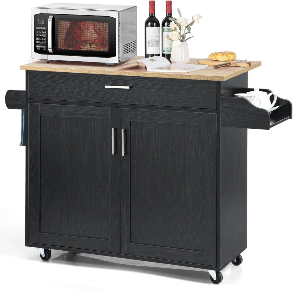Carrello da Cucina Ausiliario, Carrello di Servizio con Cassetto e Ripiano Regolabile, Isola da Cucina da Sala da Pranzo con Ruote Universali con Freni, in Legno, 116 x 40 x 85 cm, Nero