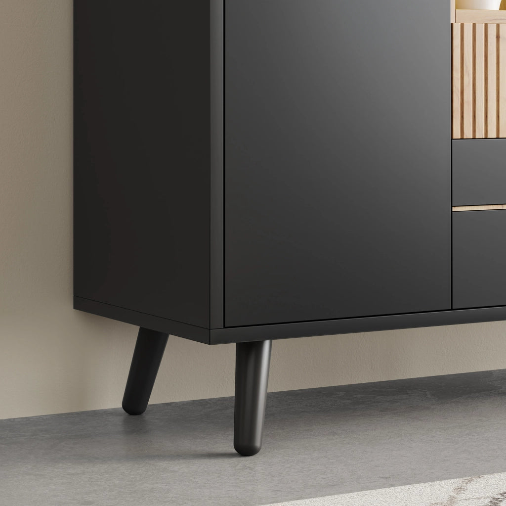 Credenza 130x38x85 cm in MDF naturale e nero con 4 cassetti e LED RGB