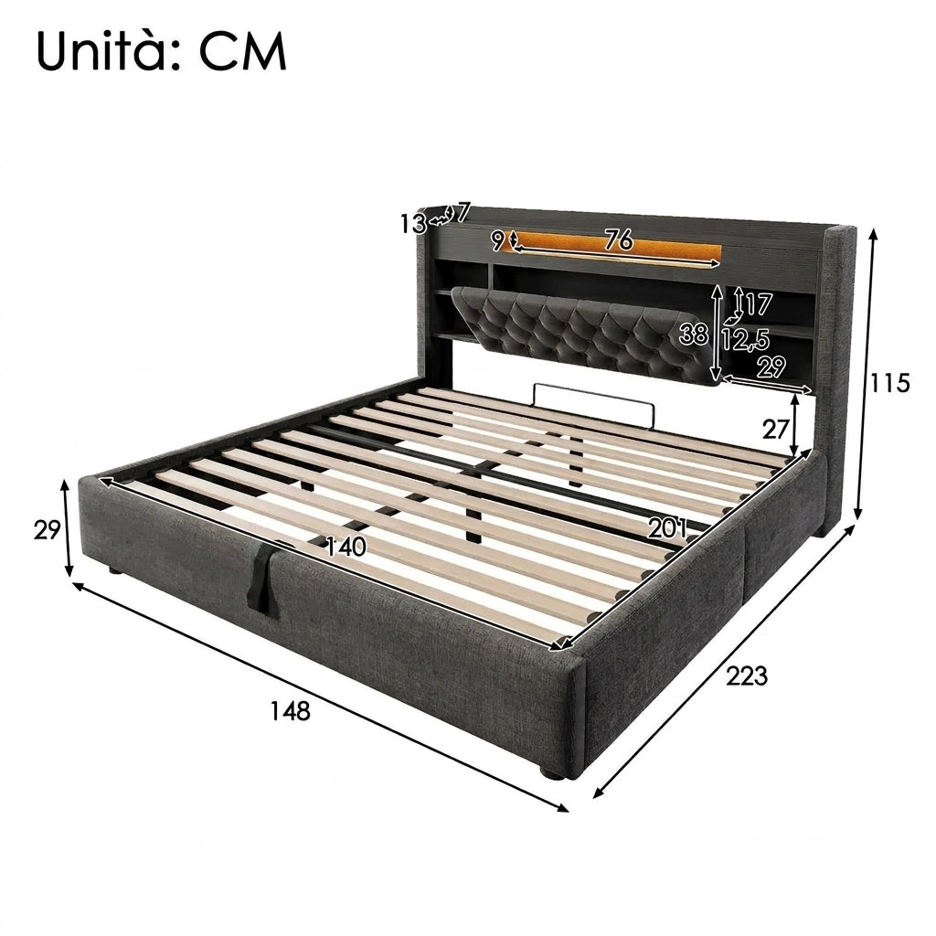 Letto contenitore 140x200 con LED e prese USB; in lino; grigio