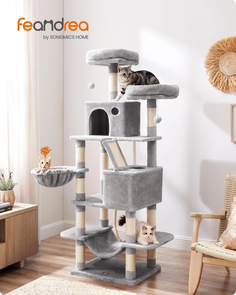 Feandrea Albero per Gatti, Alto 168 cm, Tiragraffi per Gatti con 13 Graffiatoi, 2 Posatoi, 2 Grotte, Cesto, Amaca, Pompon, in Peluche a Più Livelli per Interno, Grigio Chiaro PCT165W01V1