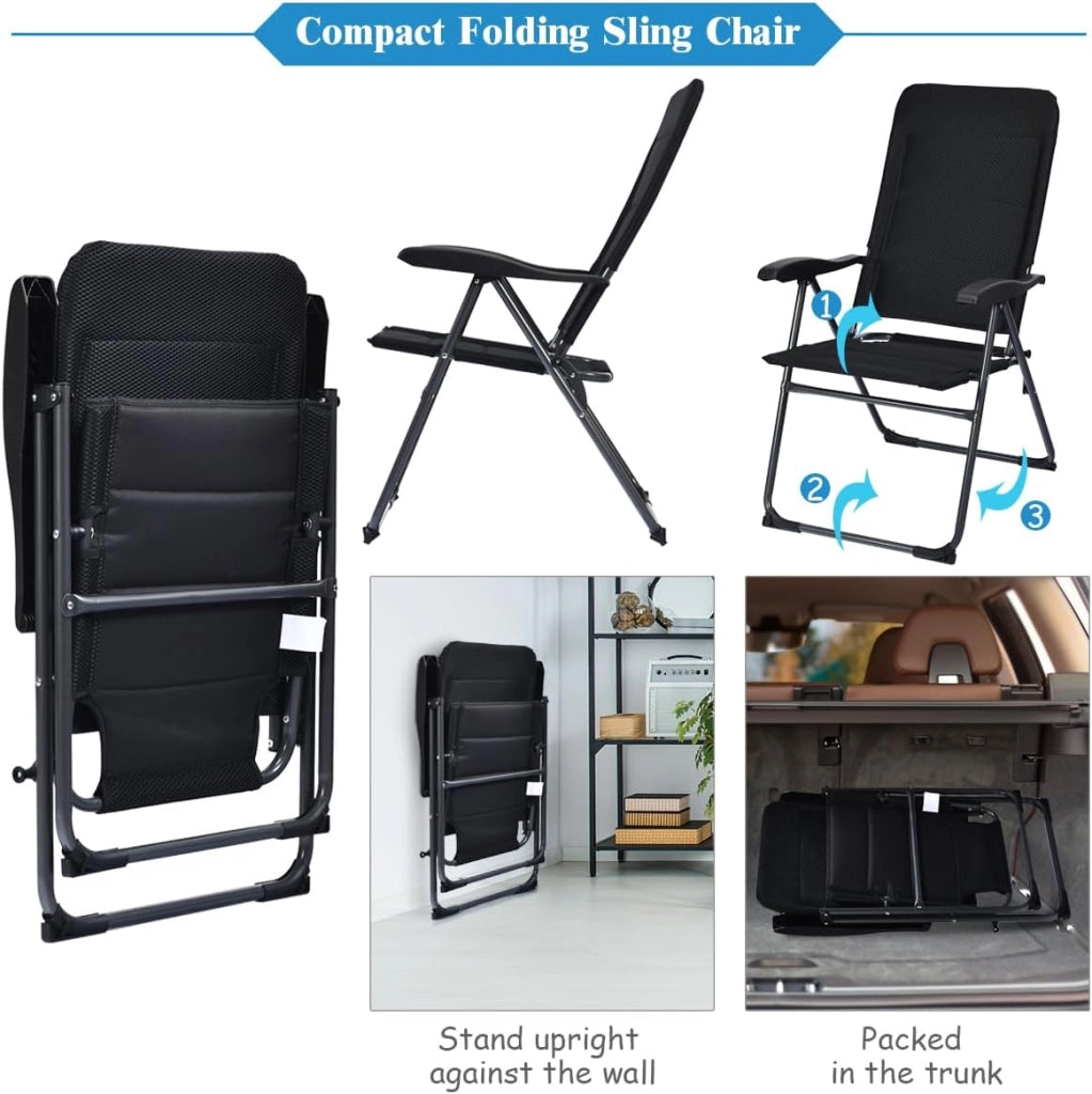 Set di 2 sedie pieghevoli per giardino, sedie con schienale regolabile, supporto ergonomico e cuscino per seduta in spugna, sedie da pranzo per patio, giardino, nero (Nero)