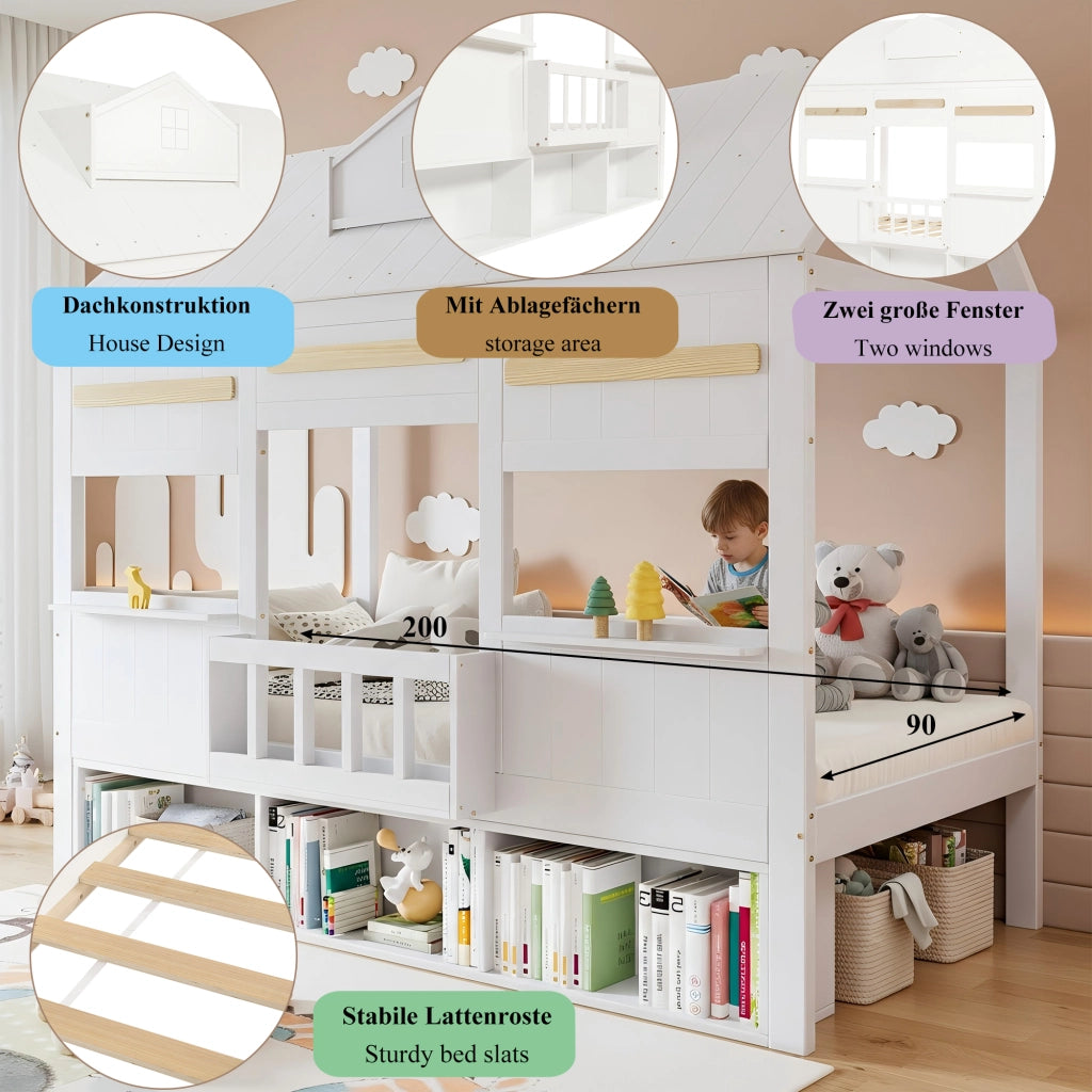 Letto a Soppalco 90x200 cm; Letto per Bambini - Libreria Integrata - in Legno - Bianco