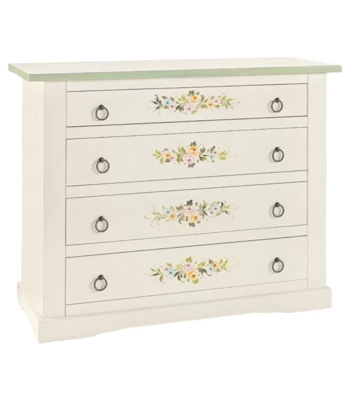 Cassettiera 4 cassetti legno shabby bianco decori 115x50x90 (498) - Mobili 2G