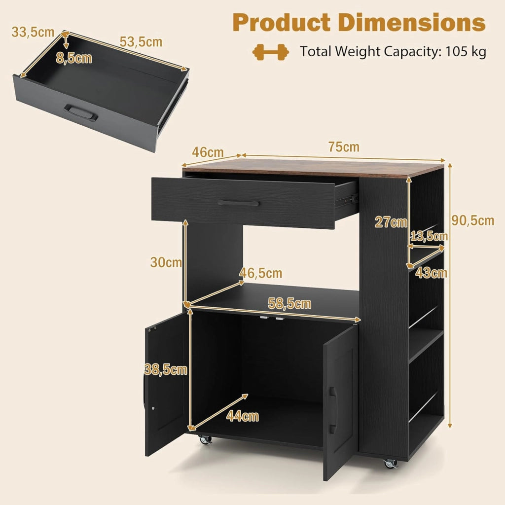 Credenza da Cucina su Ruote, Isola Mobile, Carrello da Servizio con Cassetto e 3 Ripiani, 2 Colori, 75 x 46 x 90,5 cm (Nero)