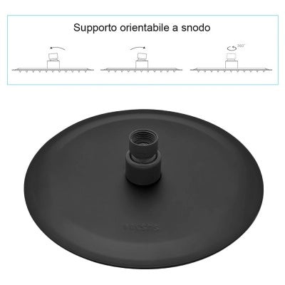 Soffione doccia tondo 30 cm con braccio 33 cm in acciaio nero opaco