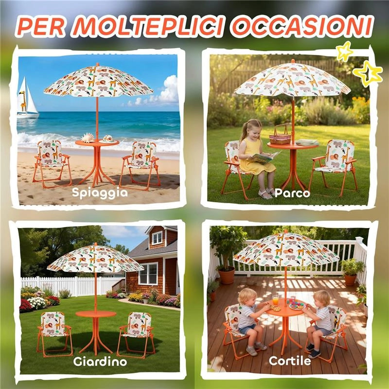 SET DA GIARDINO PER BAMBINI TAVOLO DA PICNIC CON OMBRELLONE ARANCIONE