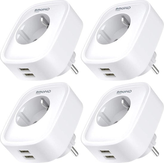 Pacco da 4 Zoccoli WiFi Smart con Monitoraggio dell'Energia - 16A, Zoccolo Duplice per Alexa, Funzione di Timer Programmabile - Controllo tramite App - Compatibile con Alexa/Google Home