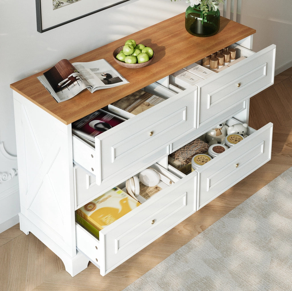 Credenza con 6 cassetti 120 x 40 x 76 cm in MDF e truciolare; bianca e naturale