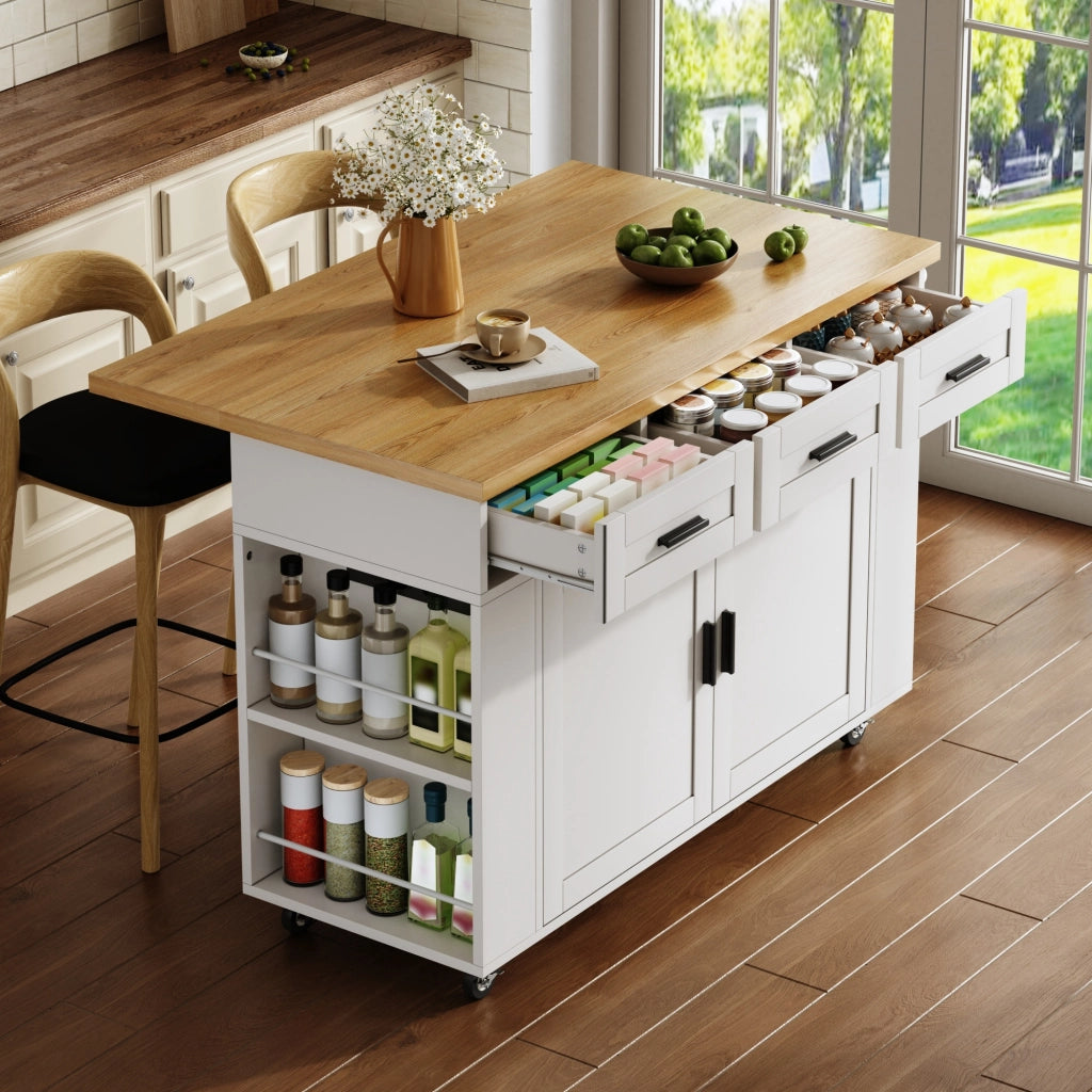 CARRELLO ISOLA CUCINA Pieghevole 120x45(70)x84 cm MDF Bianco/Naturale