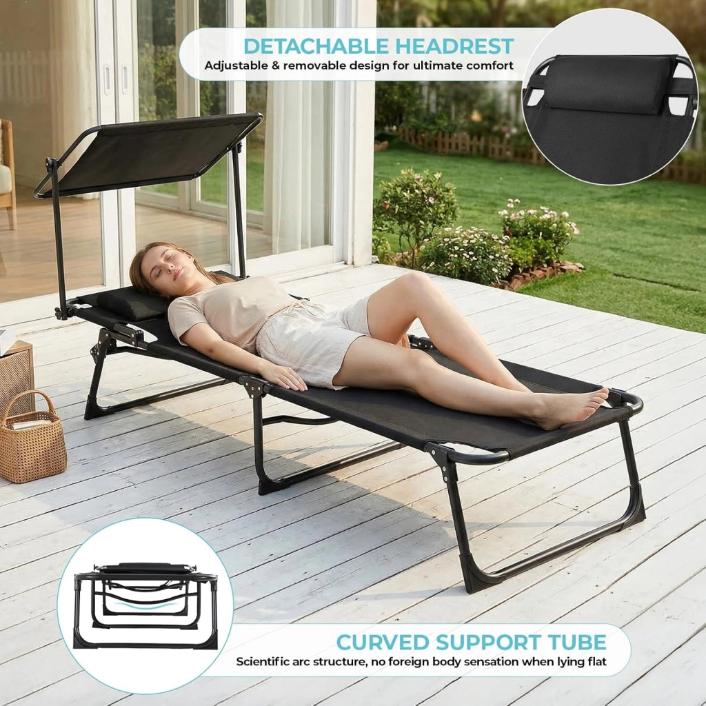 Lettino prendisole con tettuccio parasole, pieghevole, 190 x 59 x 32 cm, portata fino a 150 kg, con tasca laterale, cuscino e schienale regolabile, per giardino, balcone e piscina (2, nero