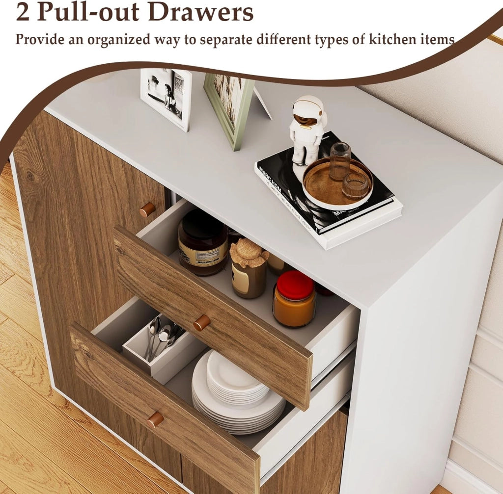 Mobile Dispensa con 2 Cassetti, Credenza da Cucina con 2 Ante, Mobiletto Basso con 3 Ripiani Regolabili, Armadio a Buffet per Sala da Pranzo, Soggiorno, 74x35x85,5 cm(L x P x A) (Naturale)