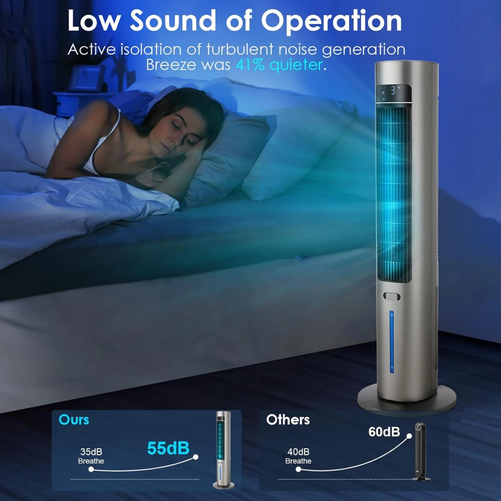 Ventilatore a torre con diffusore di aromi, telecomando a 3 livelli, con raffreddamento ad acqua, oscillazione 50°, timer 12 ore e modalità sleep per ufficio/casa, ventilatore silenzioso da