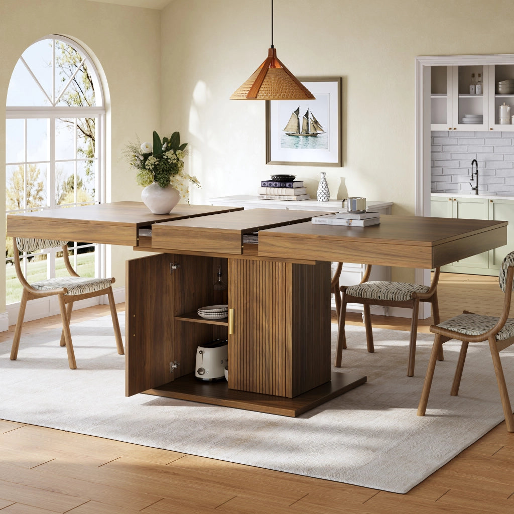 Tavolo da pranzo allungabile con vano contenitore; 1 ripiano - per sala da pranzo - in MDF e metallo - marrone