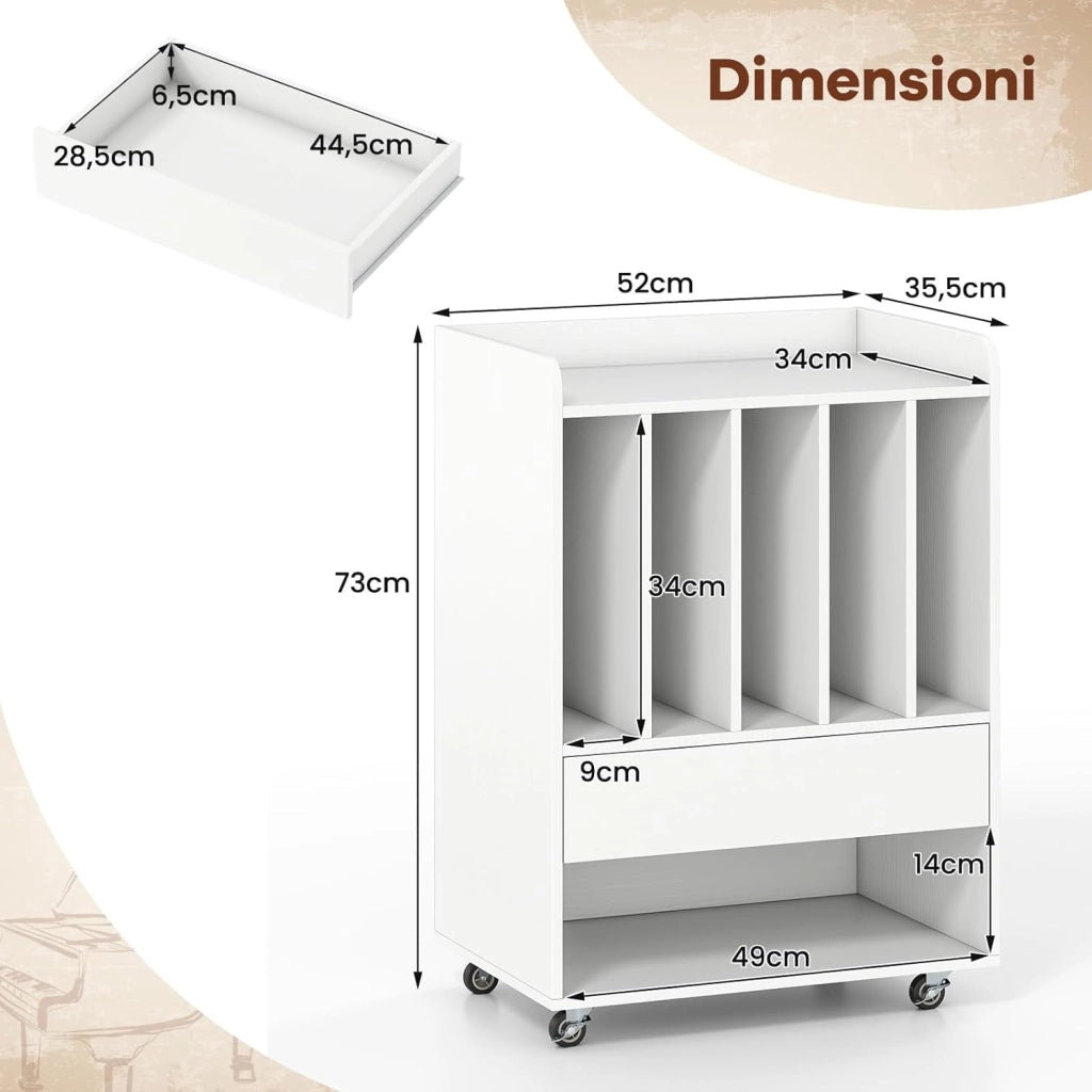 Mobile Porta Vinili con 4 Ruote Universali, Porta Dischi Vinile con Cassetto, Scomparto Aperto e Gancio Rimovibile, Mobile Giradischi Salvaspazio per Studio, Ufficio e Soggiorno (Bianco)