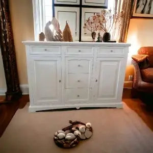 Credenzone in legno Shabby chic 2 ante 6 cassetti mod goccia bianco opaco